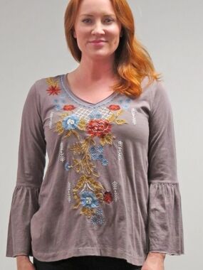 Caite Taupe Floral Embroidered V-Neck Bell Sleeve Tunic